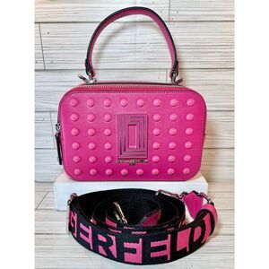 Karl Lagerfeld Simone Fuchsia Studded Camera Bag W/ Guitar Strap Crossbody